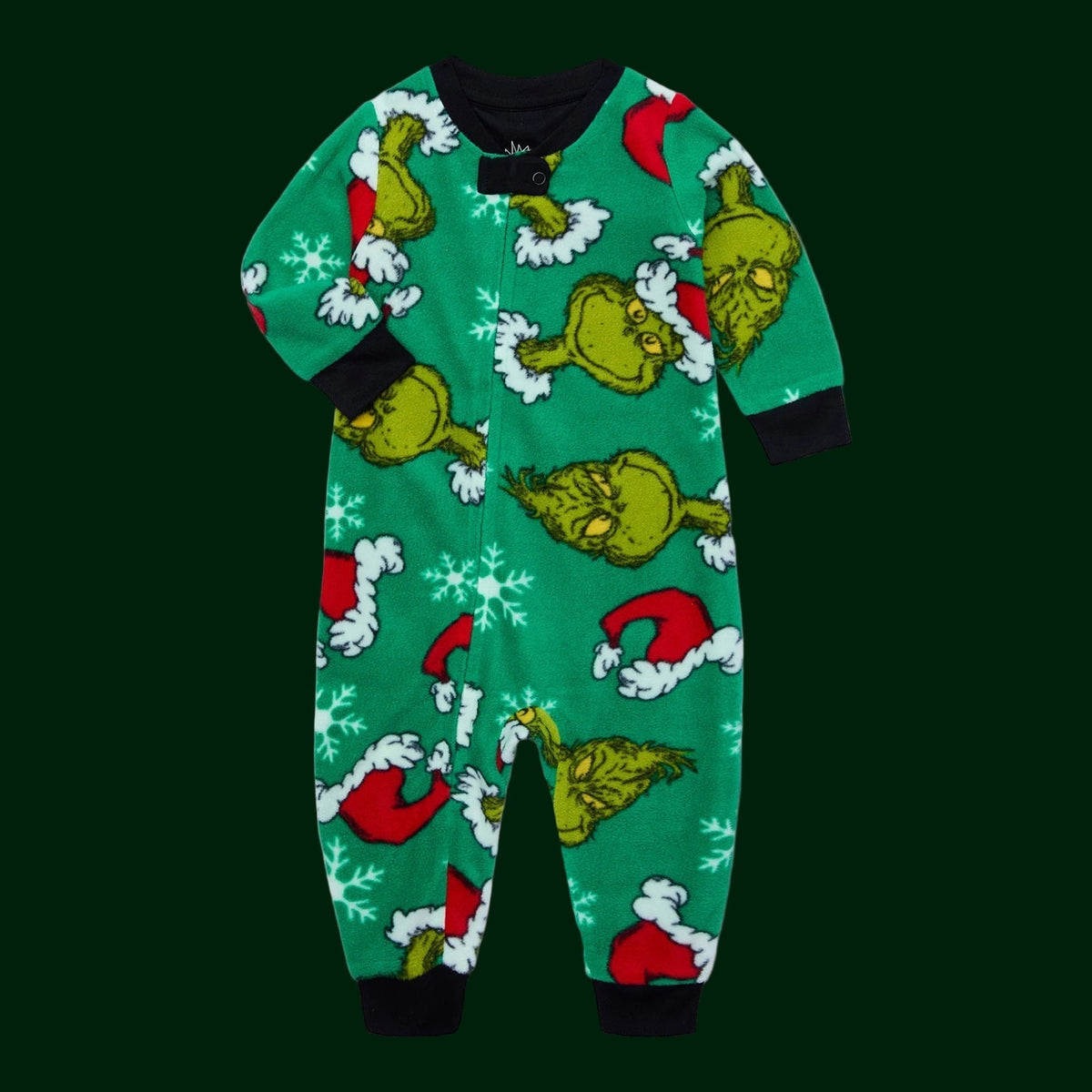 Green Grinch-print baby romper with red Santa hats, white snowflakes and dark neckline and cuffs
