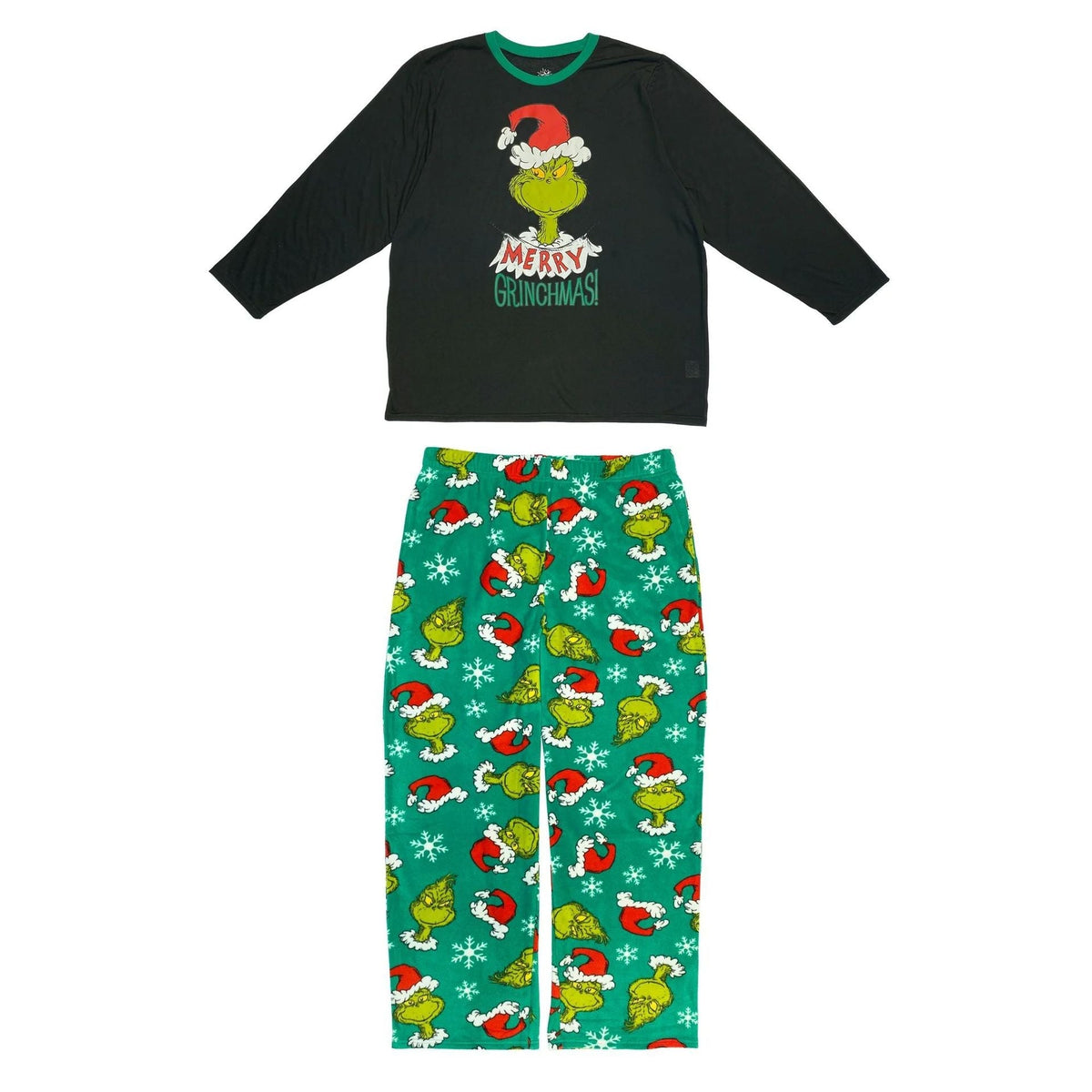 Black long-sleeve Grinch top and green printed pajama pants displayed as a child's two-piece set