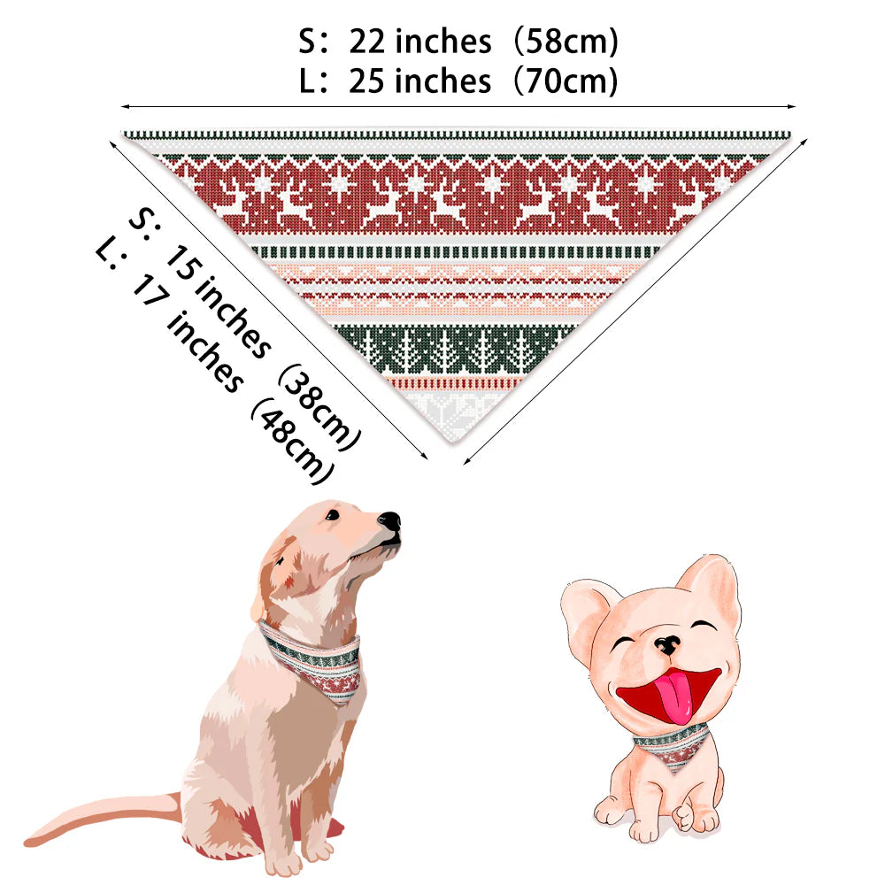 Size guide and measurements for grey Fair Isle reindeer dog bandana with dog illustrations.