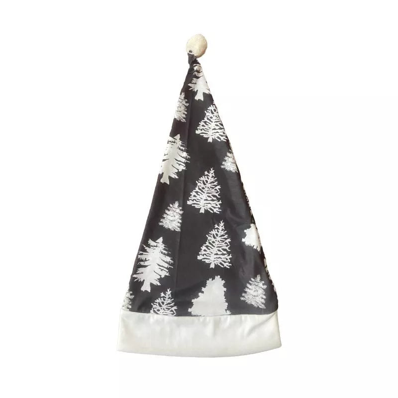Grey Christmas hat with white tree prints, a white band and a white pom-pom, shown on white.