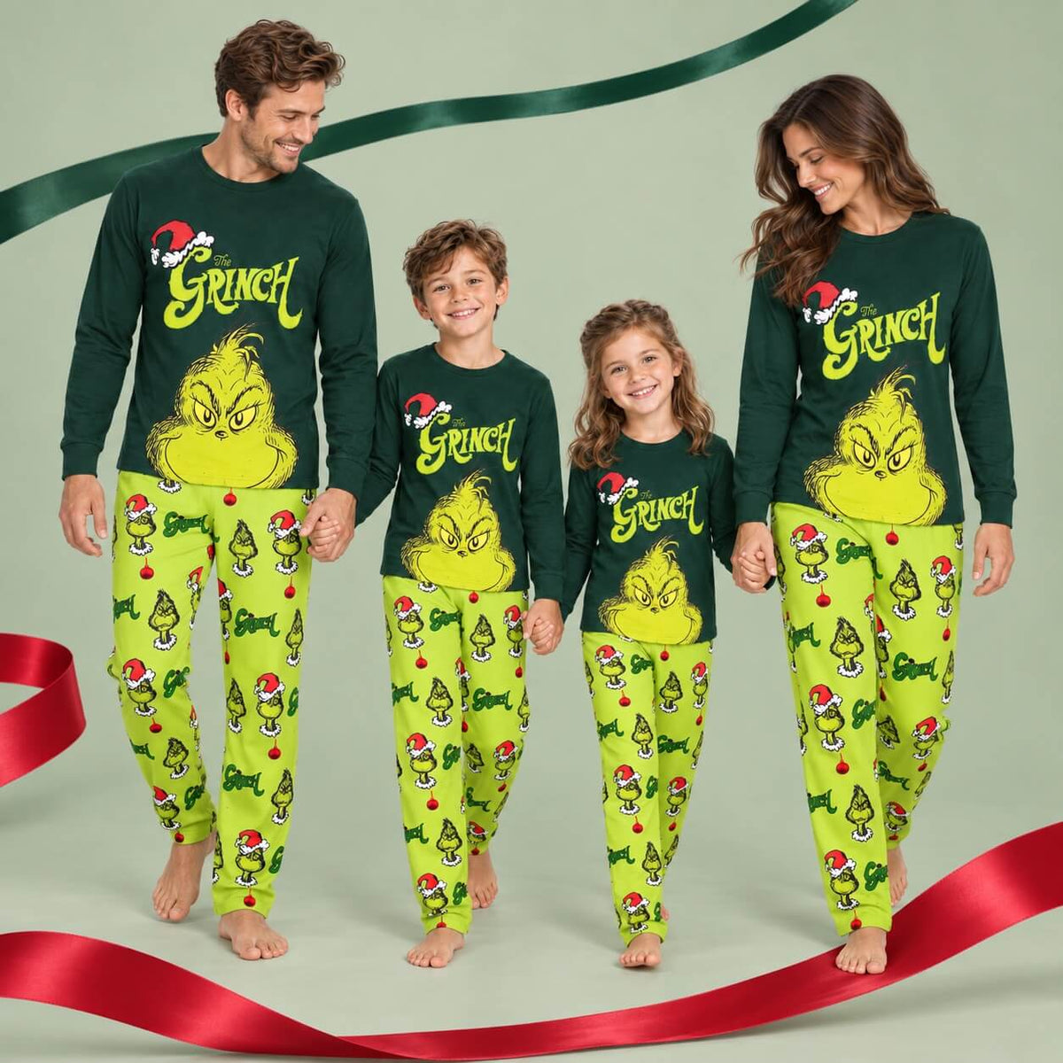 Niedliche grüne Grinch-Partner-Weihnachtspyjamas für die Familie