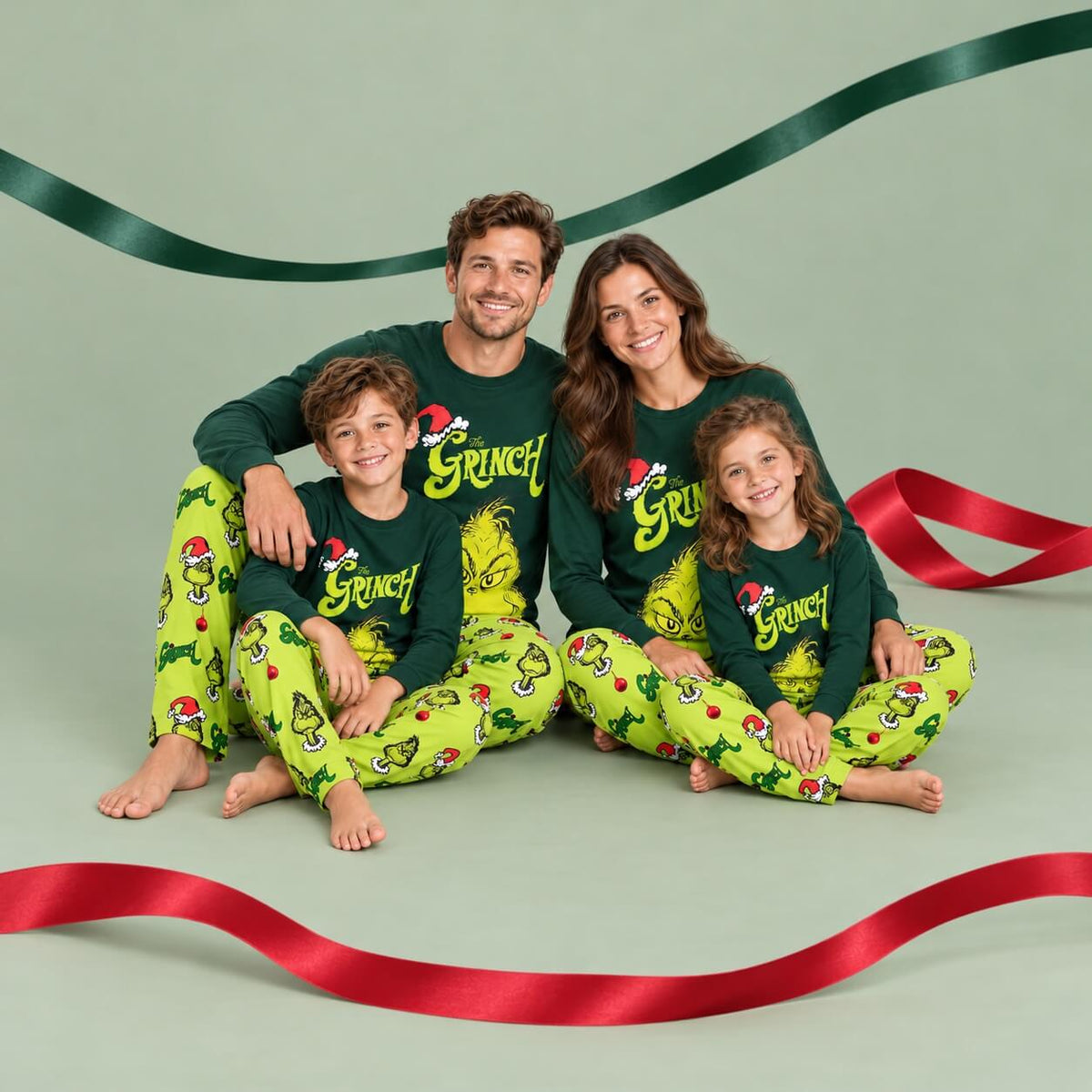 Niedliche grüne Grinch-Partner-Weihnachtspyjamas für die Familie