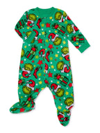 Back view of a green baby romper printed with Grinch faces, gifts and red stars
