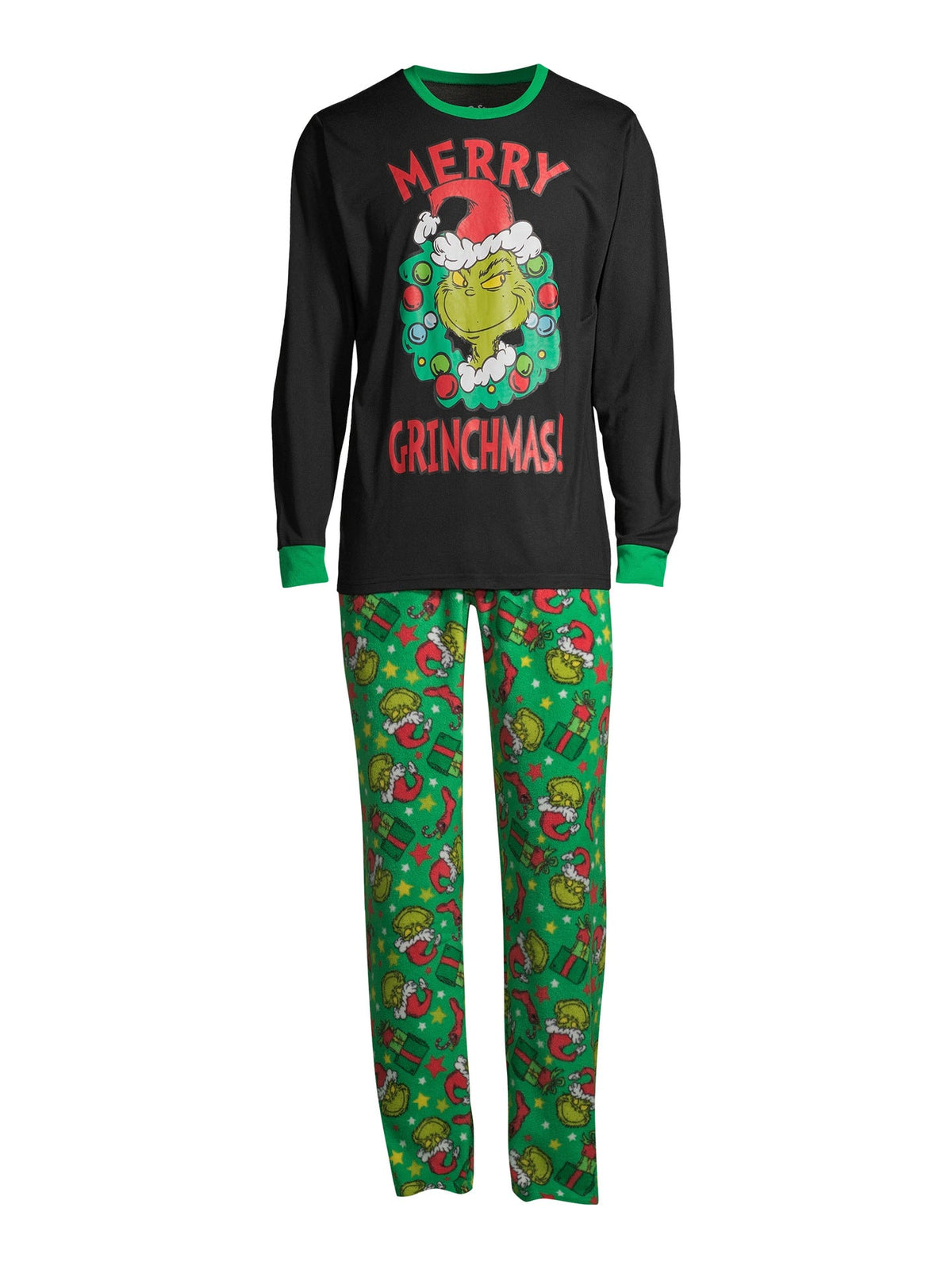 Black Merry Grinchmas top with green cuffs and green character-print pajama pants