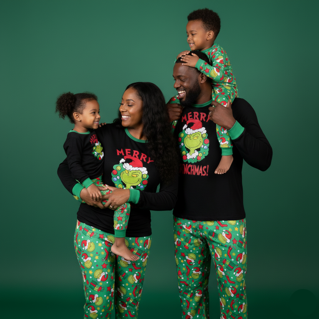 Family wearing black Grinch Christmas pajama tops and green printed pants against a green background