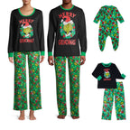 Adult Grinch pajama outfits shown beside a green baby romper and a black-and-green child pajama set