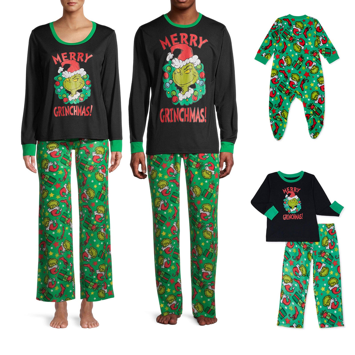 Adult Grinch pajama outfits shown beside a green baby romper and a black-and-green child pajama set