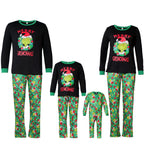 Black and green Grinch Christmas pajamas displayed as adult and child sets with a matching baby romper