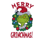 Grinch face in a Christmas wreath with red Merry Grinchmas lettering on a white background
