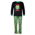 Fitted black Grinch wreath pajama top and green pants with festive character prints