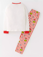 Back view of a white long-sleeve pajama top with red trim alongside striped Grinch pants.