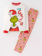 Front view of a white Grinch Christmas pajama top with red trim and matching striped pants.