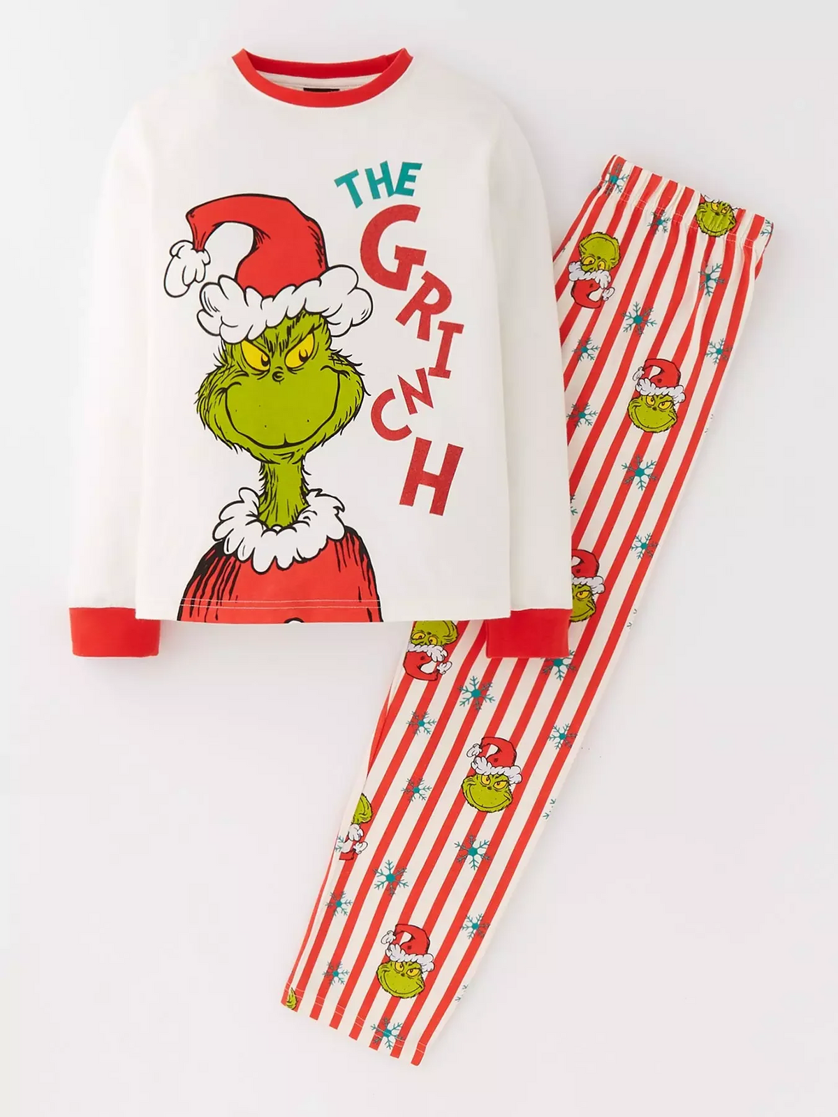 Front view of a white Grinch Christmas pajama top with red trim and matching striped pants.