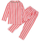 Two-piece kids candy cane striped pajama set with long sleeves and elastic waist pants laid flat against a white background.