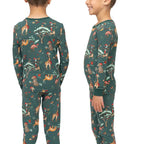 Back and side angle view showing the fit and seam construction of kids dark green holiday pajama set.