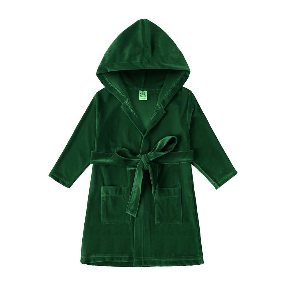 Children's green velvet hooded robe with tie belt and contrasting trim