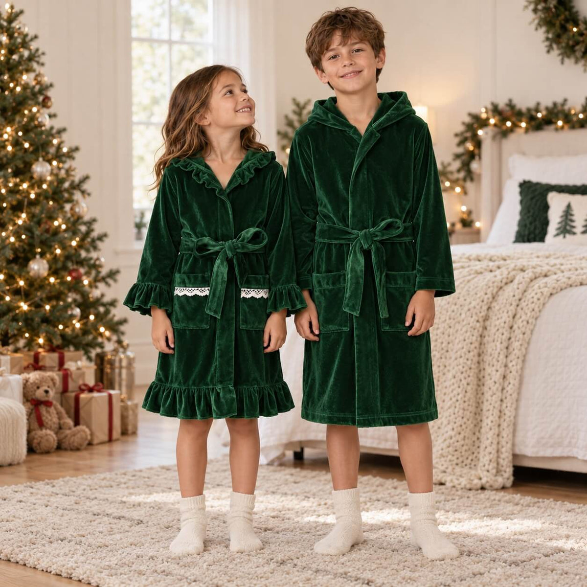 Children wearing green velvet hooded robes in a Christmas setting