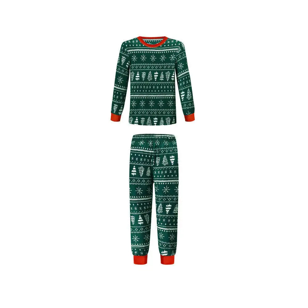 Product shot on white background of a two-piece kids pajama set featuring dark green Fair Isle Christmas tree print with red crew neck and wrist cuffs.
