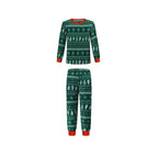 Product shot on white background of a two-piece kids pajama set featuring dark green Fair Isle Christmas tree print with red crew neck and wrist cuffs.