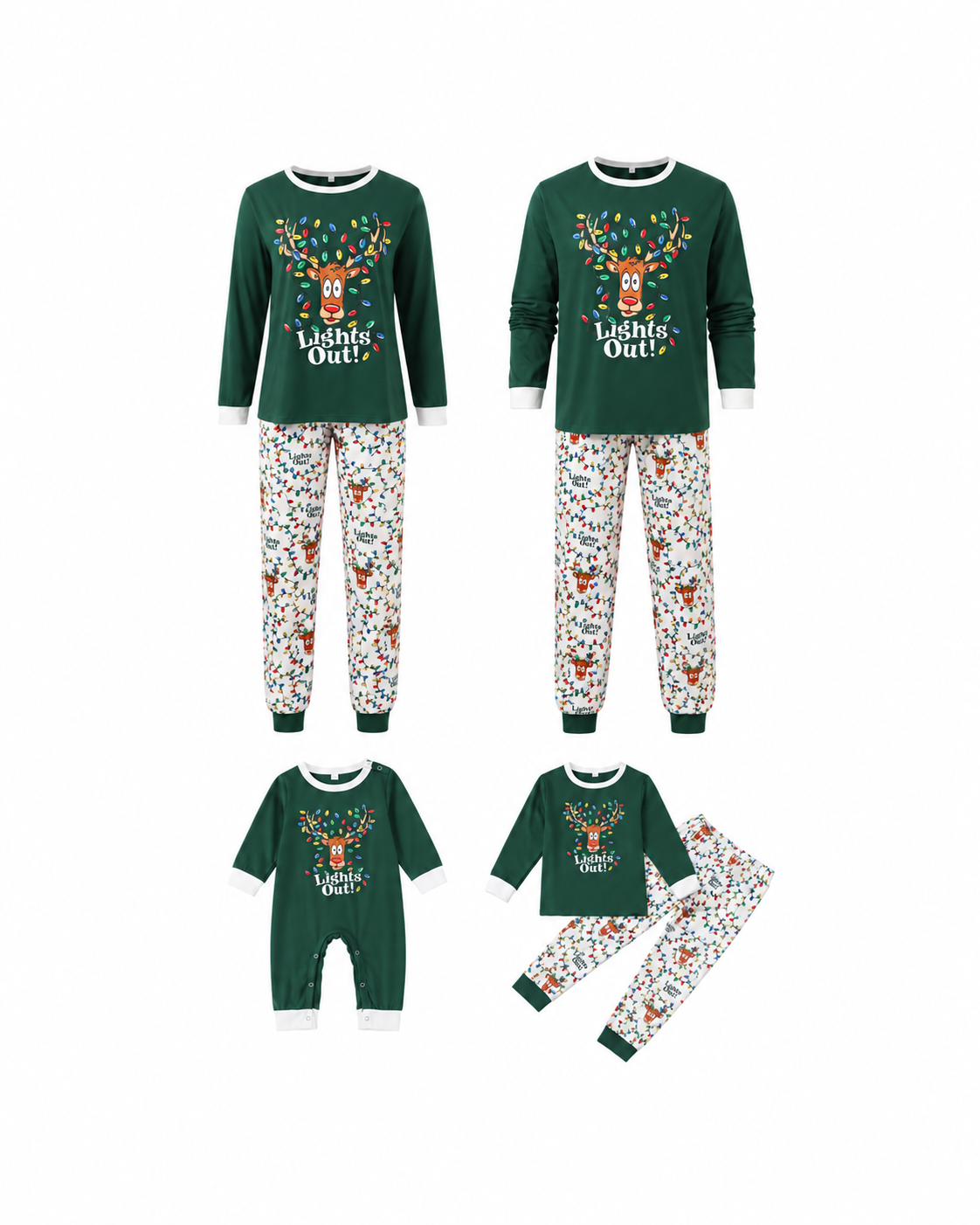 Green reindeer matching Christmas pajamas in women's, men's, kids' and baby styles