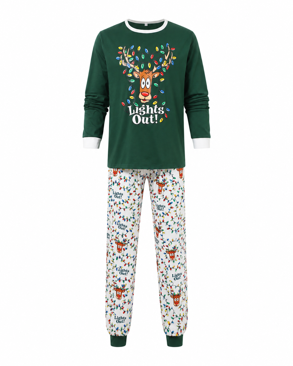 Adult green Lights Out reindeer pajama top with white Christmas-light print pants