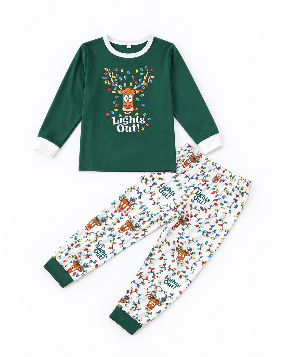 Kids' green reindeer pajama top and matching white printed pants