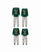 Two adult and two kids' green reindeer Christmas pajama sets arranged together