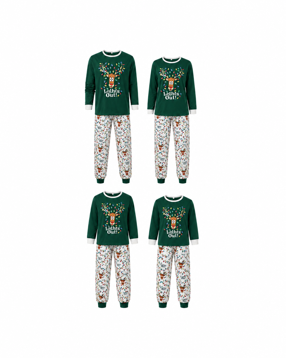 Two adult and two kids' green reindeer Christmas pajama sets arranged together