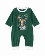 Green Lights Out reindeer baby romper with white cuffs and shoulder and leg snaps