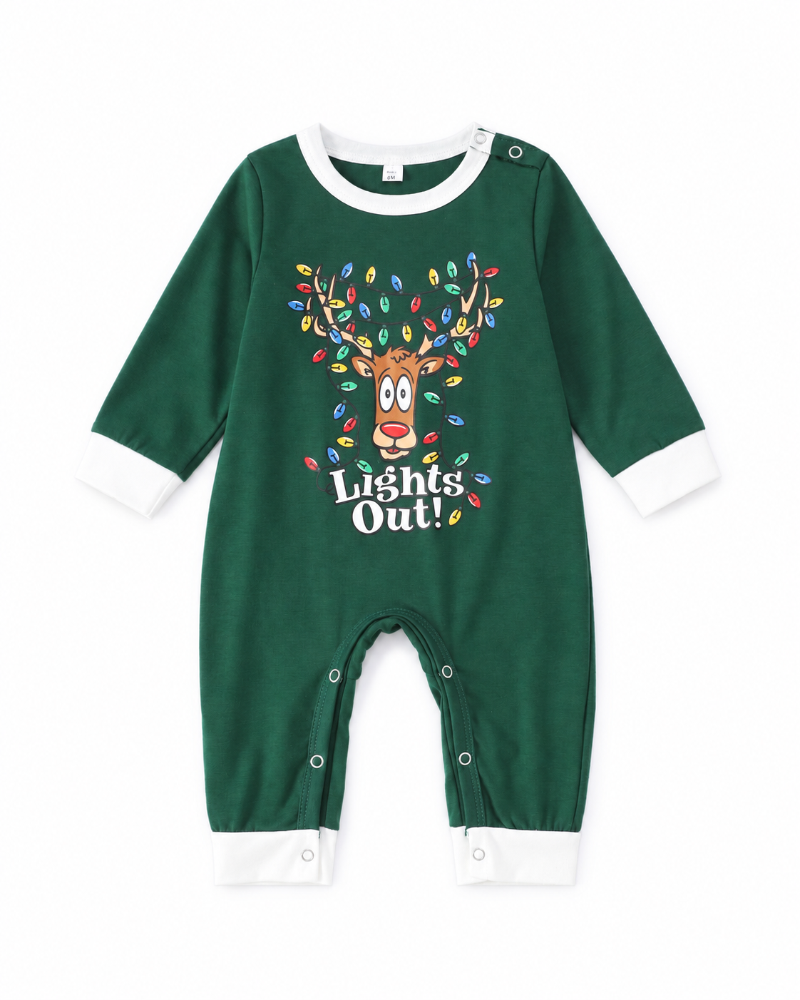 Green Lights Out reindeer baby romper with white cuffs and shoulder and leg snaps