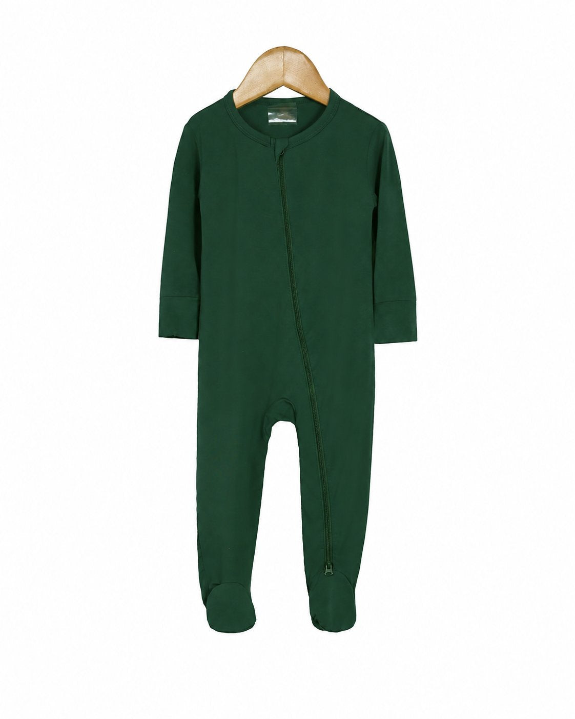 Forest Green long-sleeve footed zip sleeper shown in the supplier product photo
