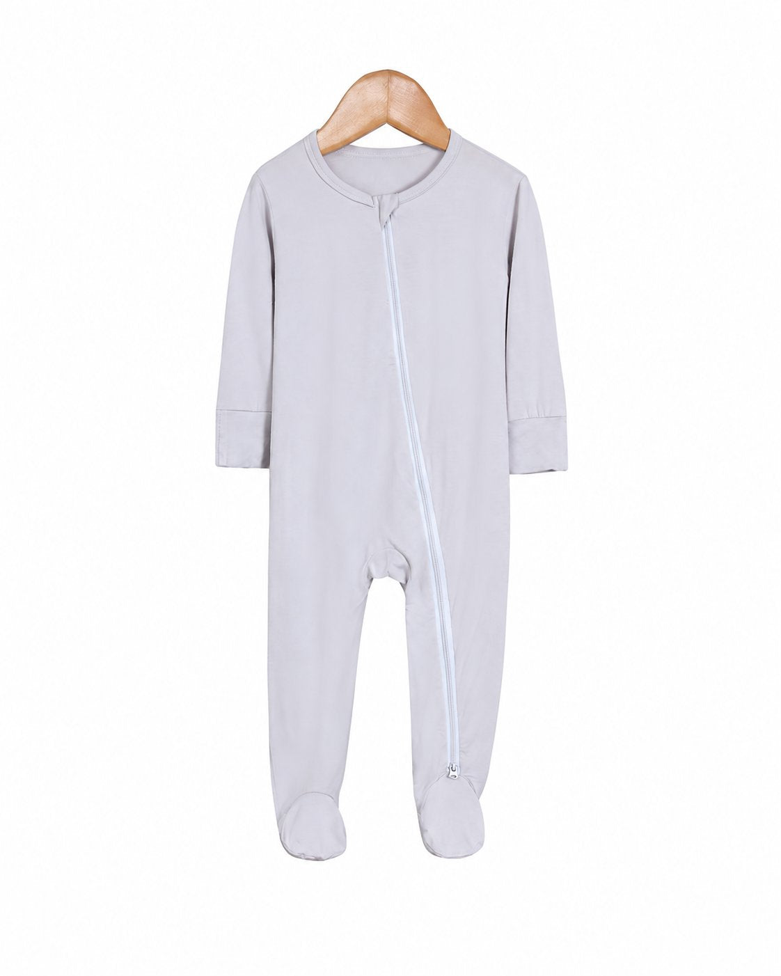 Light Gray long-sleeve footed zip sleeper shown in the supplier product photo