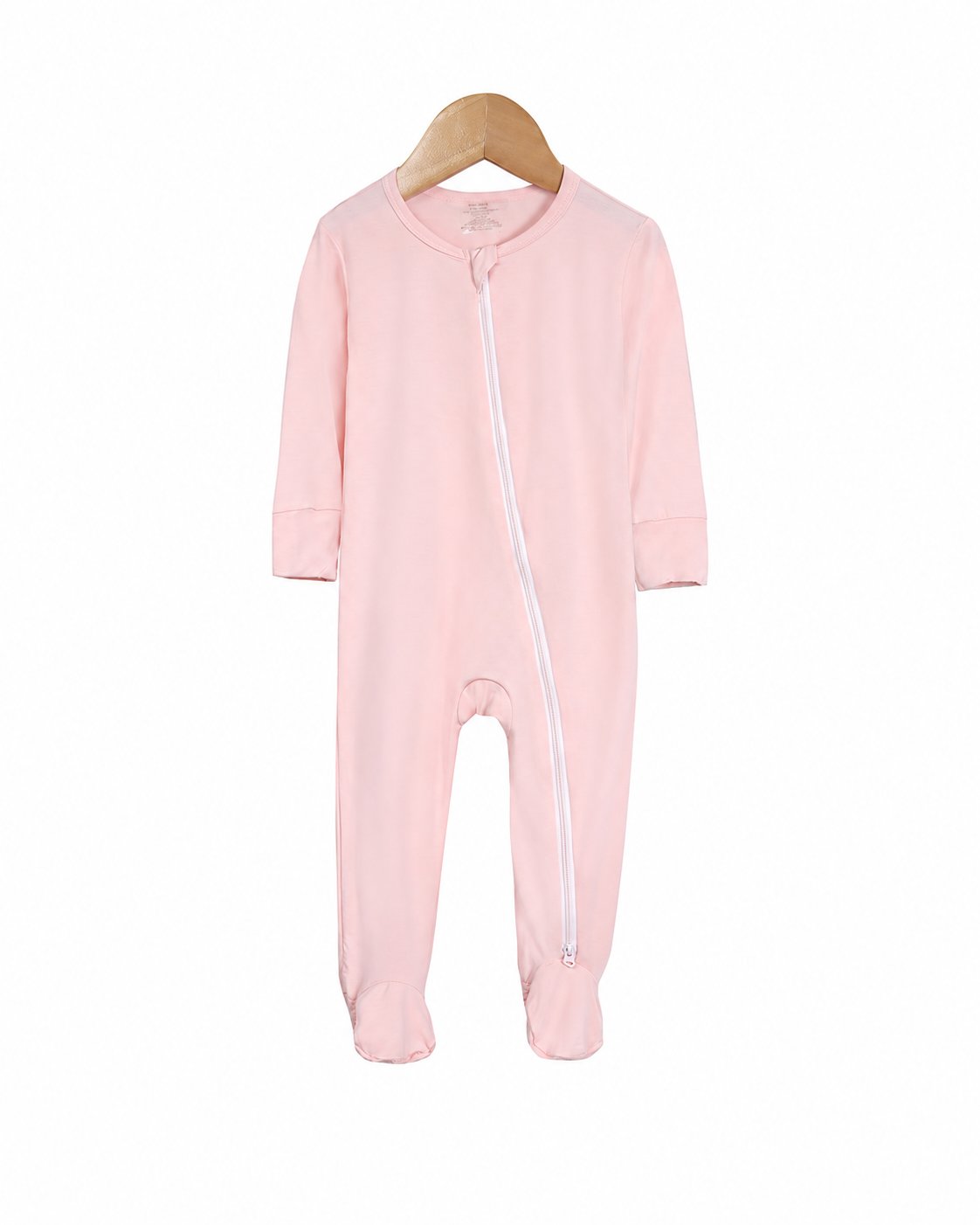 Light Pink long-sleeve footed zip sleeper shown in the supplier product photo