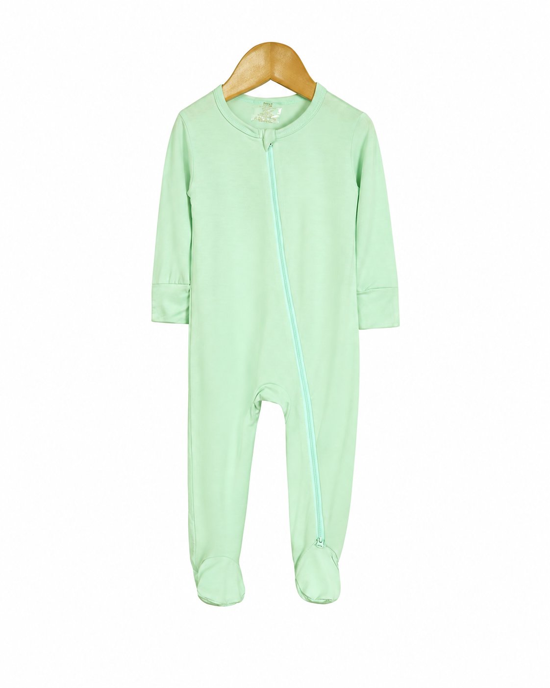 Mint Green long-sleeve footed zip sleeper shown in the supplier product photo