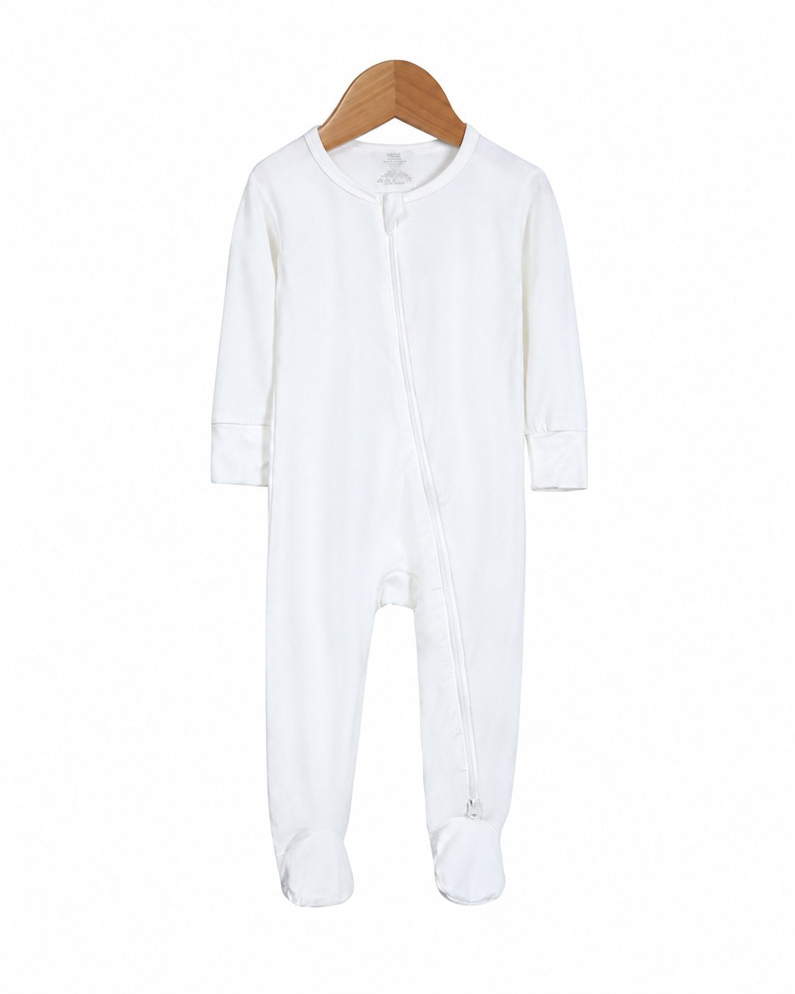 White long-sleeve footed zip sleeper shown in the supplier product photo
