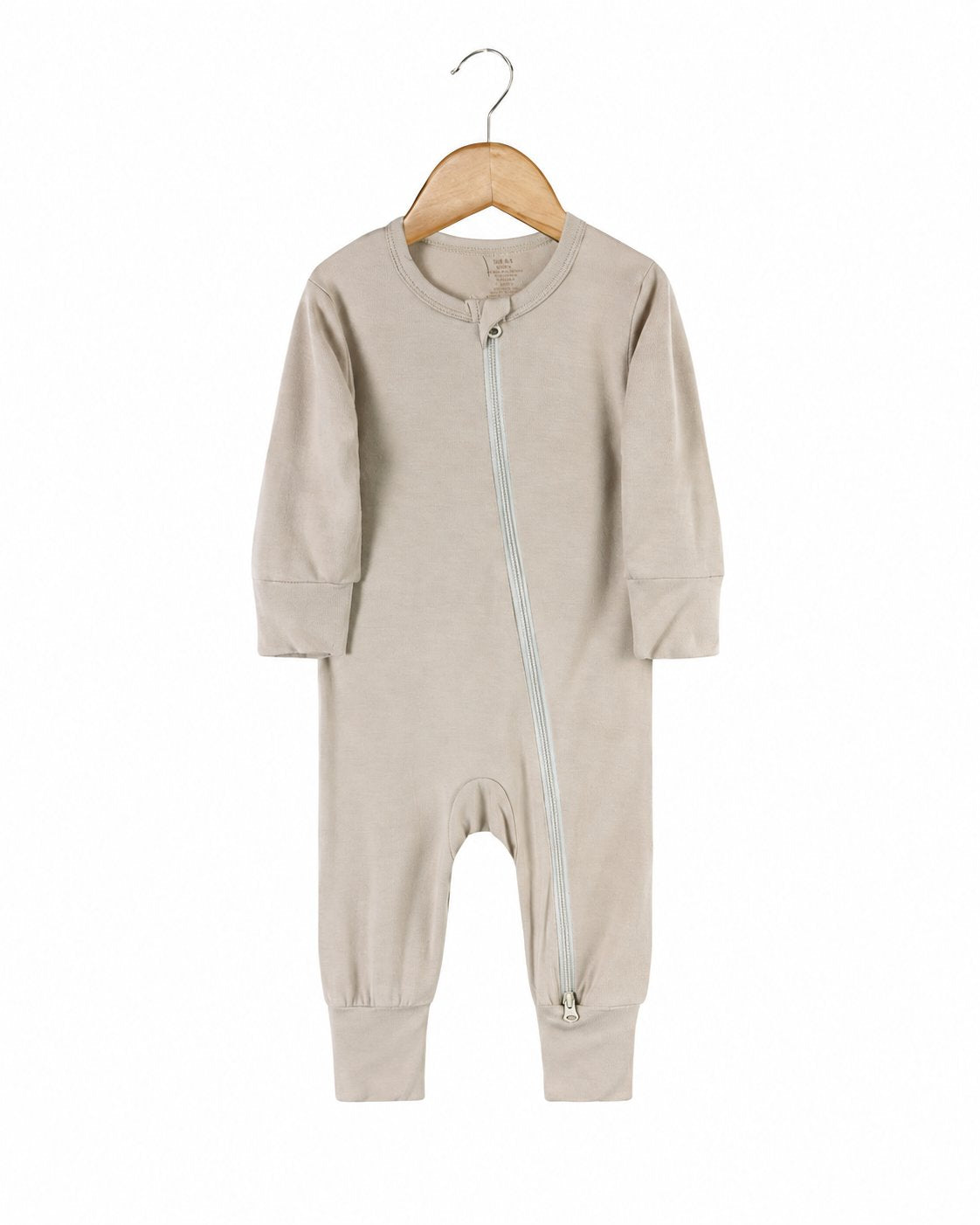 Beige long-sleeve footless zip romper shown in the supplier product photo
