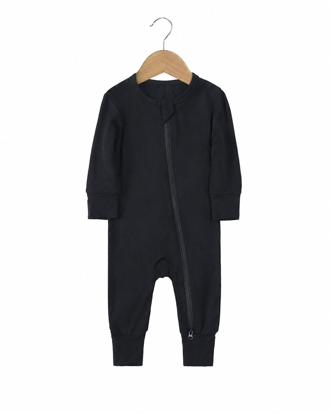 Black long-sleeve footless zip romper shown in the supplier product photo