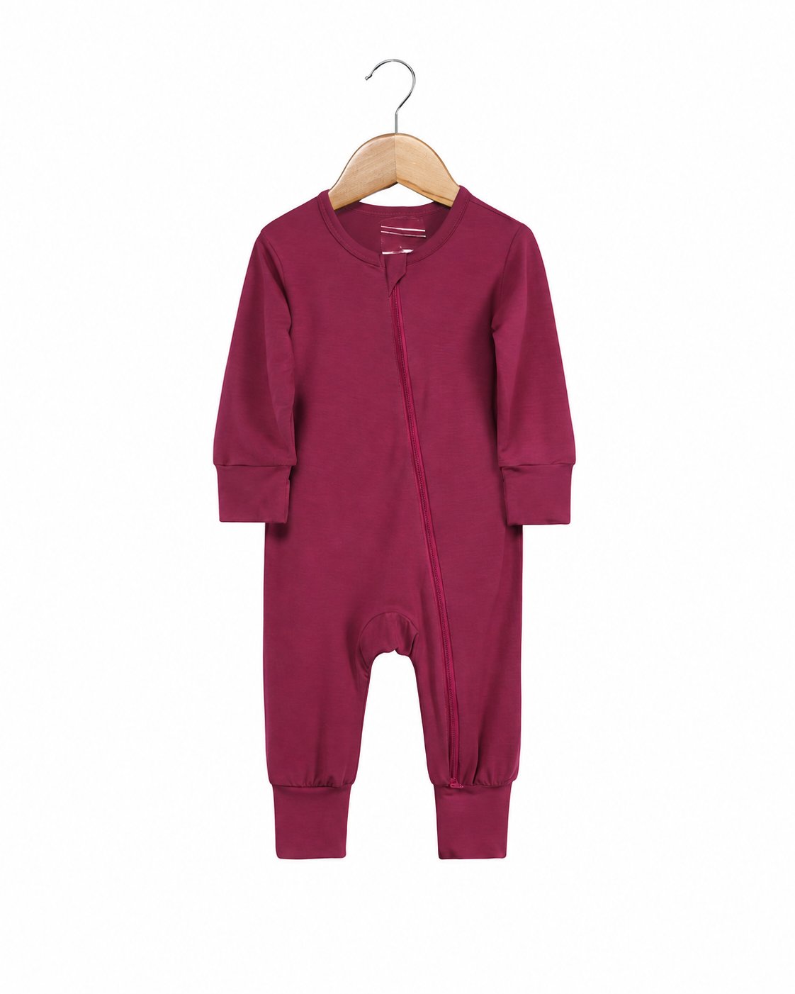 Burgundy long-sleeve footless zip romper shown in the supplier product photo