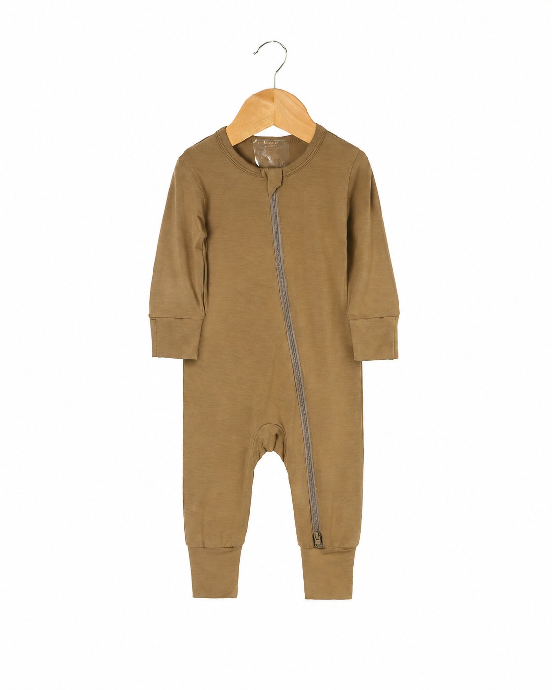 Camel Brown long-sleeve footless zip romper shown in the supplier product photo