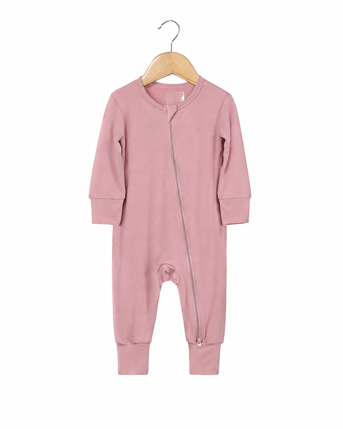 Dusty Pink long-sleeve footless zip romper shown in the supplier product photo