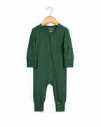 Forest Green long-sleeve footless zip romper shown in the supplier product photo