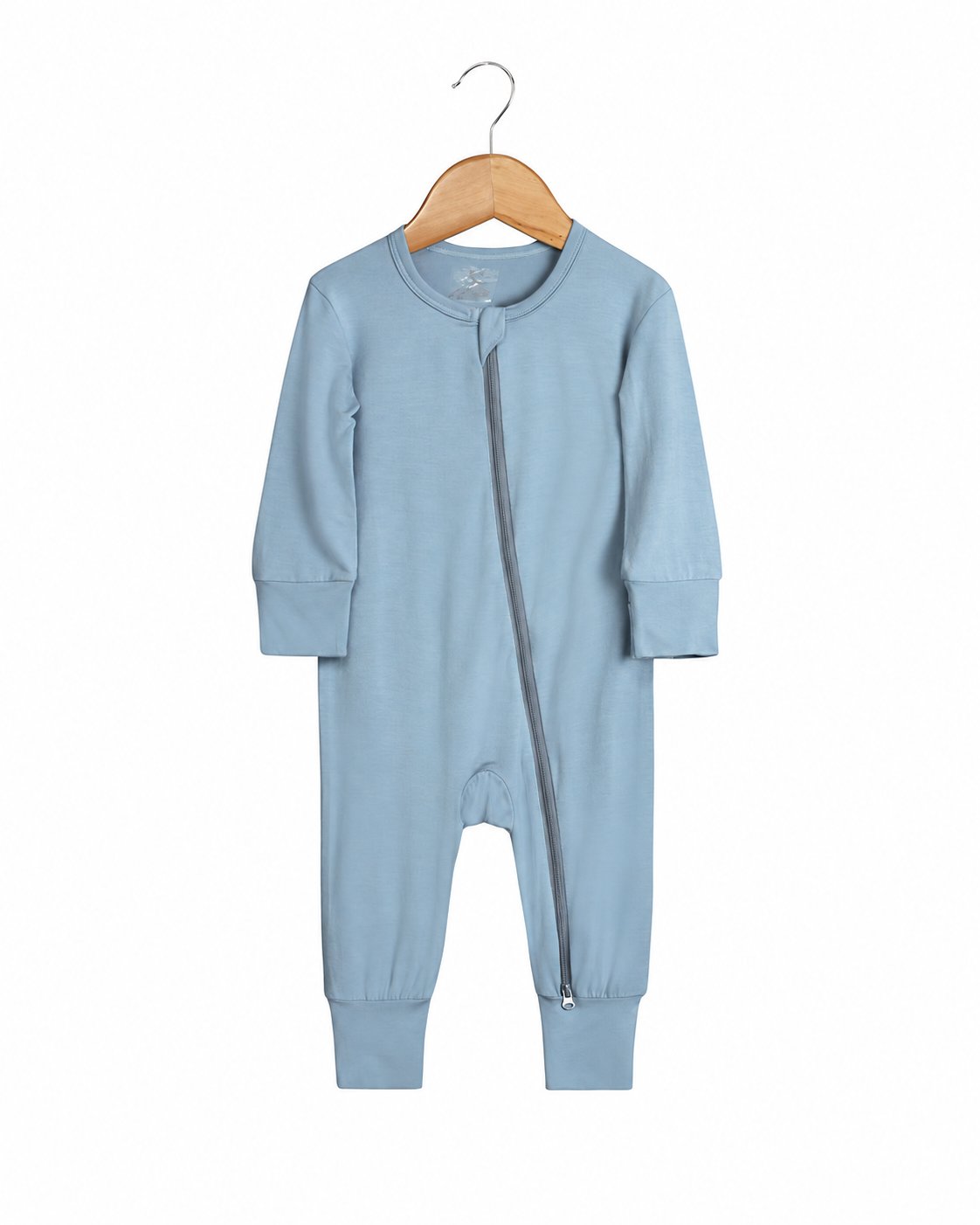 Light Blue long-sleeve footless zip romper shown in the supplier product photo