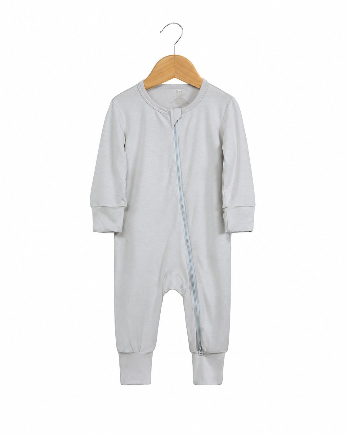 Light Gray long-sleeve footless zip romper shown in the supplier product photo