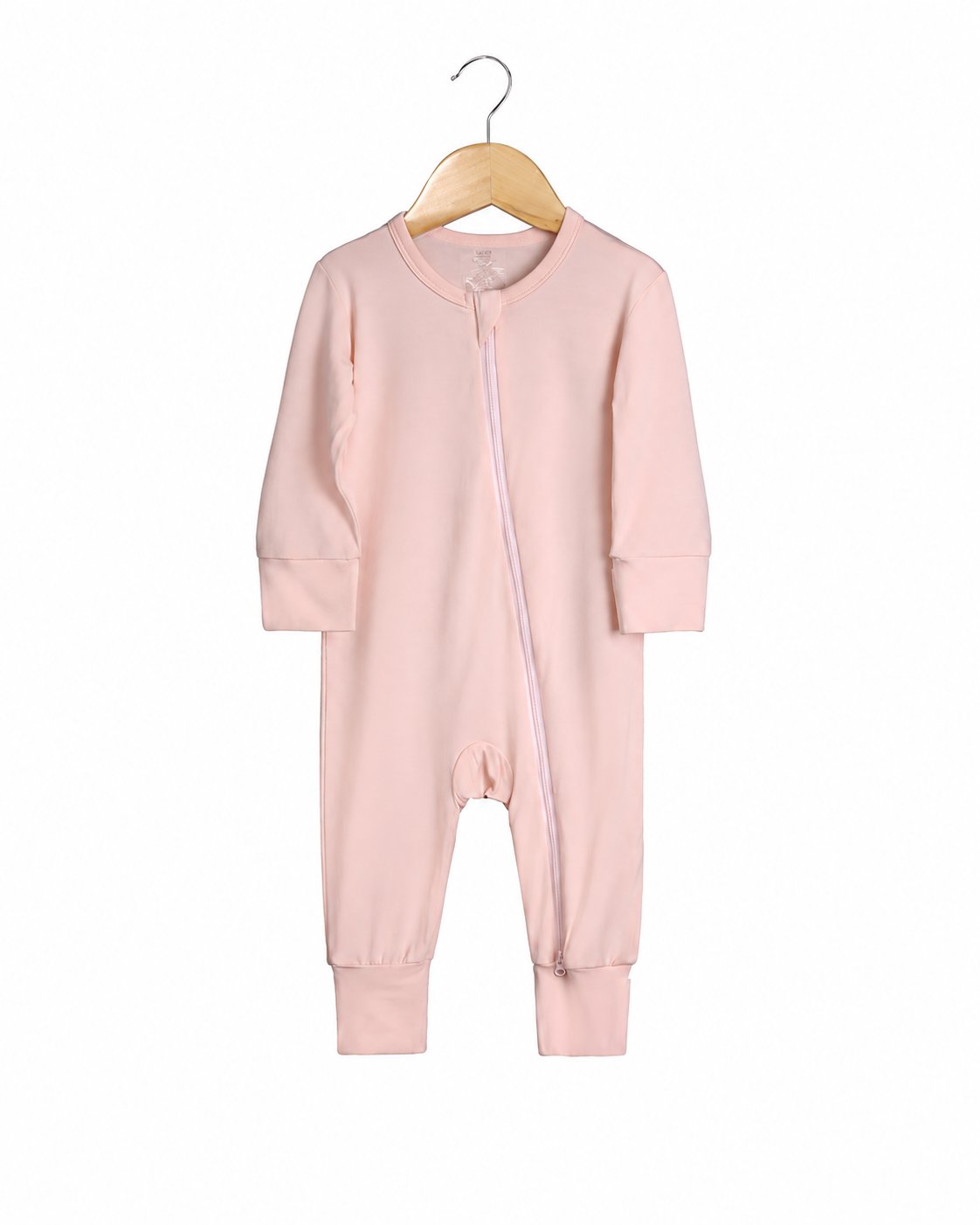 Light Pink long-sleeve footless zip romper shown in the supplier product photo