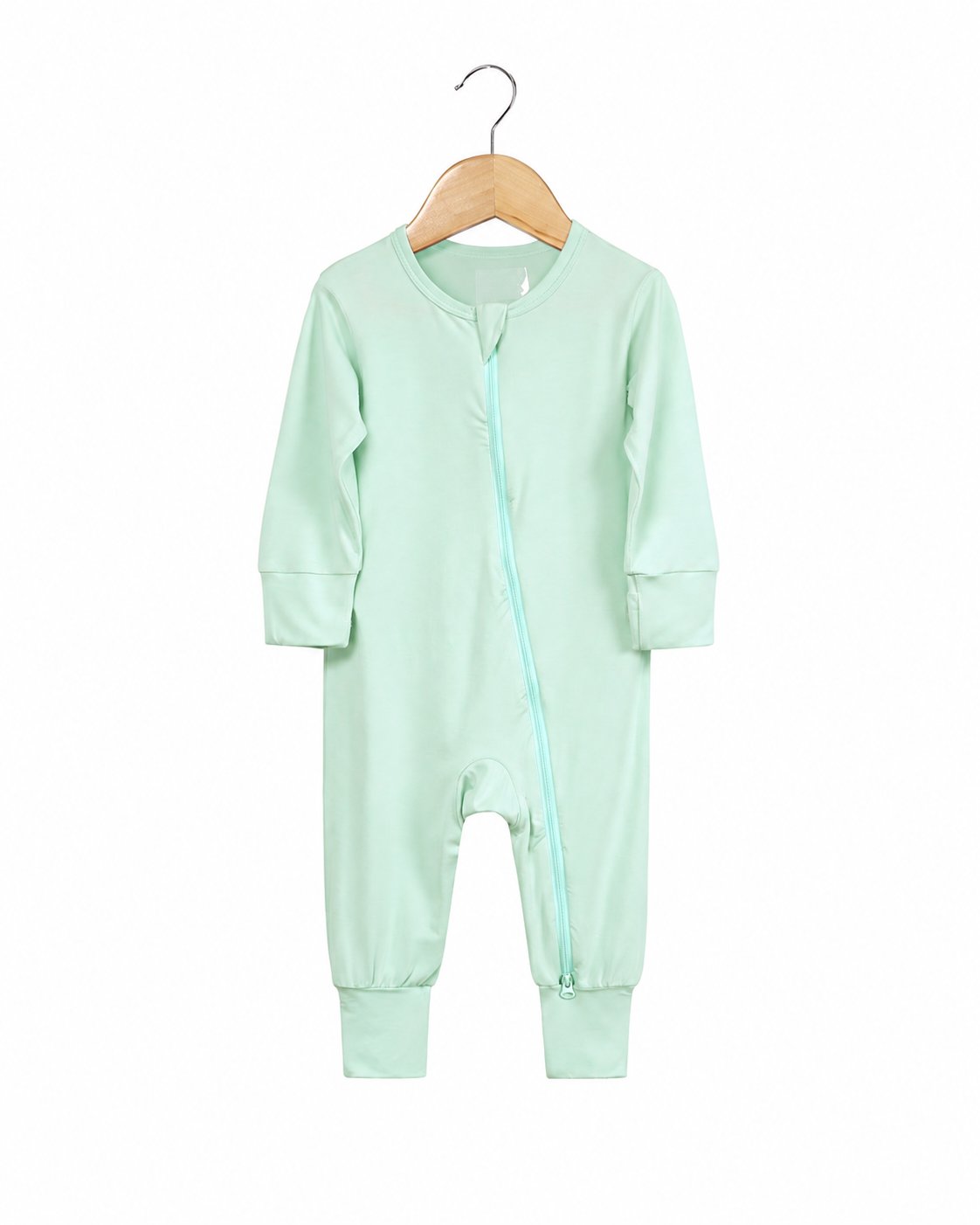 Mint Green long-sleeve footless zip romper shown in the supplier product photo
