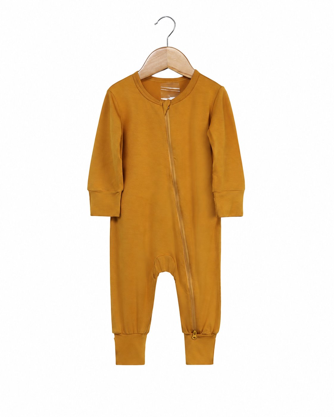 Mustard Yellow long-sleeve footless zip romper shown in the supplier product photo