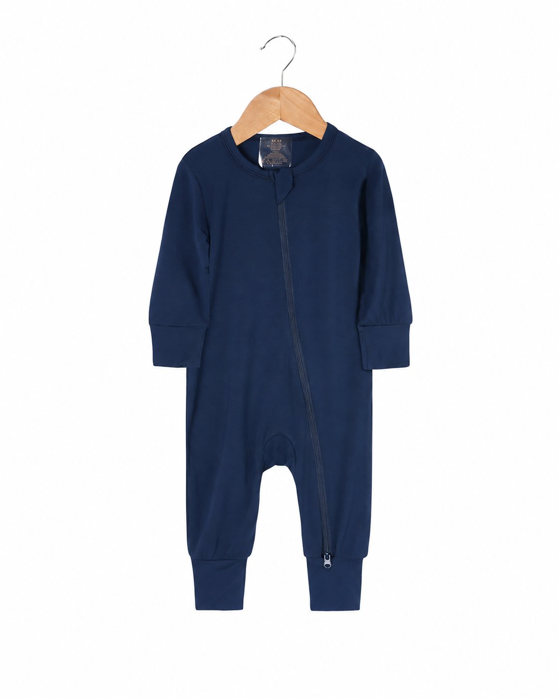 Navy Blue long-sleeve footless zip romper shown in the supplier product photo