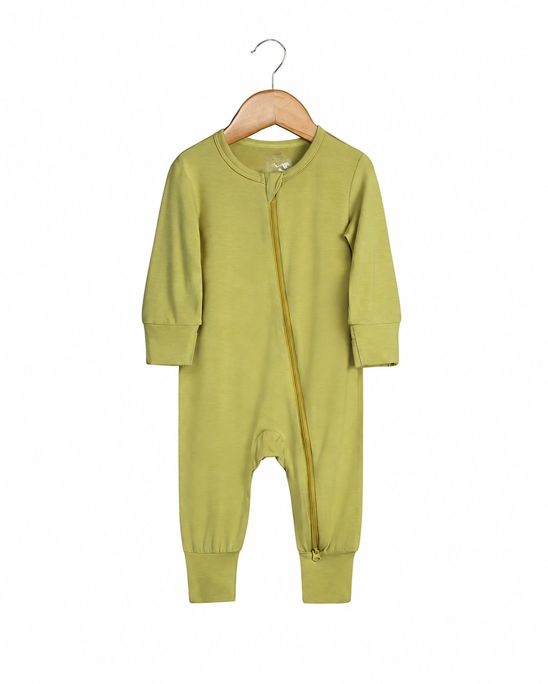 Olive Green long-sleeve footless zip romper shown in the supplier product photo