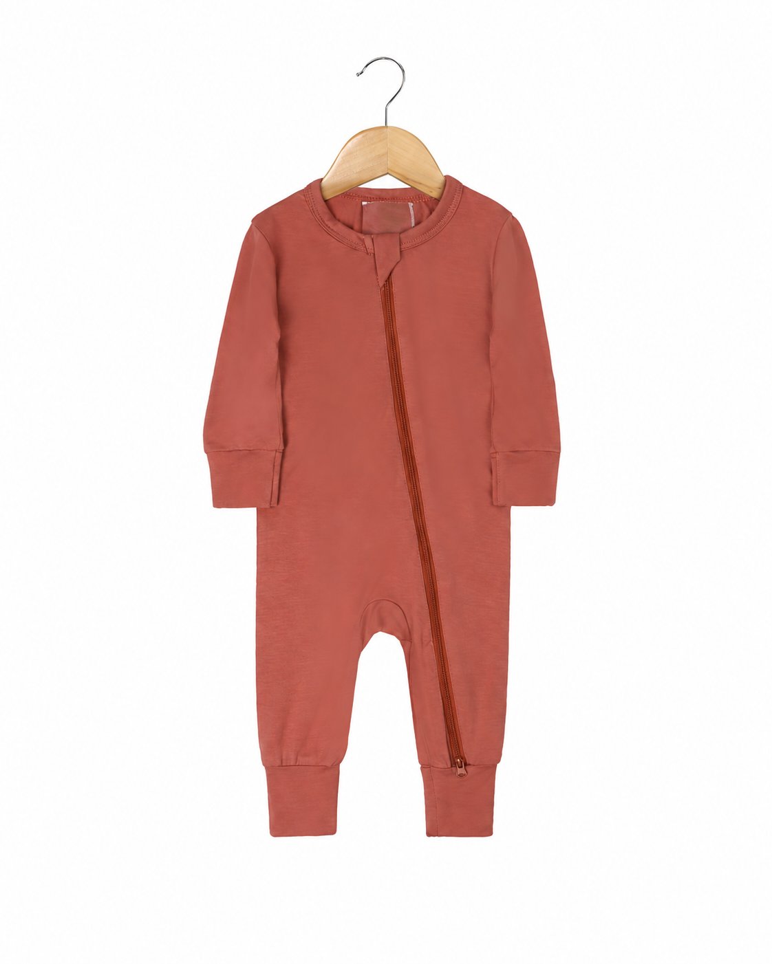 Rust Red long-sleeve footless zip romper shown in the supplier product photo