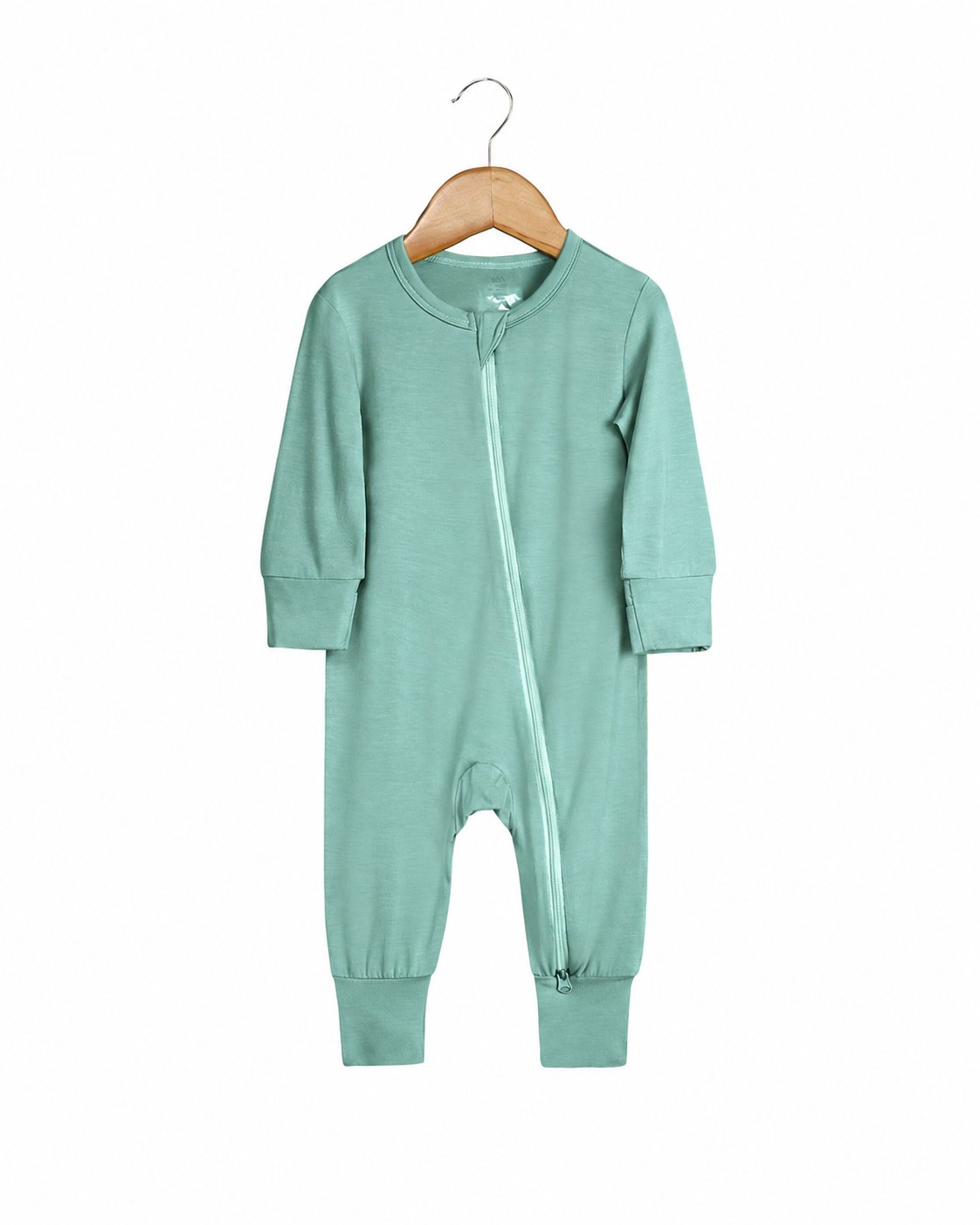 Seafoam Green long-sleeve footless zip romper shown in the supplier product photo